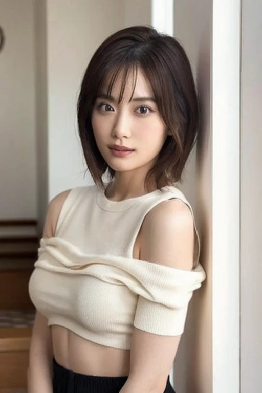 Ultra - High resolution, masterpiece, rough skin, very detailed, Photoreal, professional lighting, Depth of bounds written, sharp, gray background, (Front view:1.2),(japanese mature, 38 year old woman sexy), detailed face, beautiful eyes, bangs, good shape small breasts, light brown straight hair, faint lips, (Catch Eye:1.3),((stand in front、look at the viewer, serious face eyes.)), sweater, skirt, theta, full body photo, cowboy shot