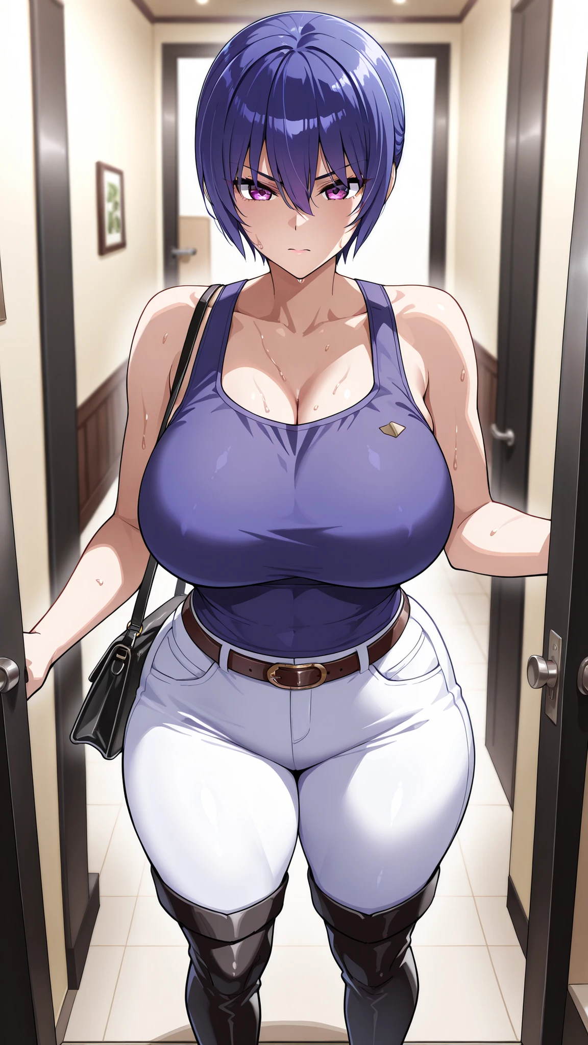 1 person,entrance,Akiyama Rinko(short hair),Good-looking woman ,medium hair,white pants,belt,black thigh-high boots,thick thighs, Black Long Handbag,navy blue tank top,sweat,serious face,Standing,