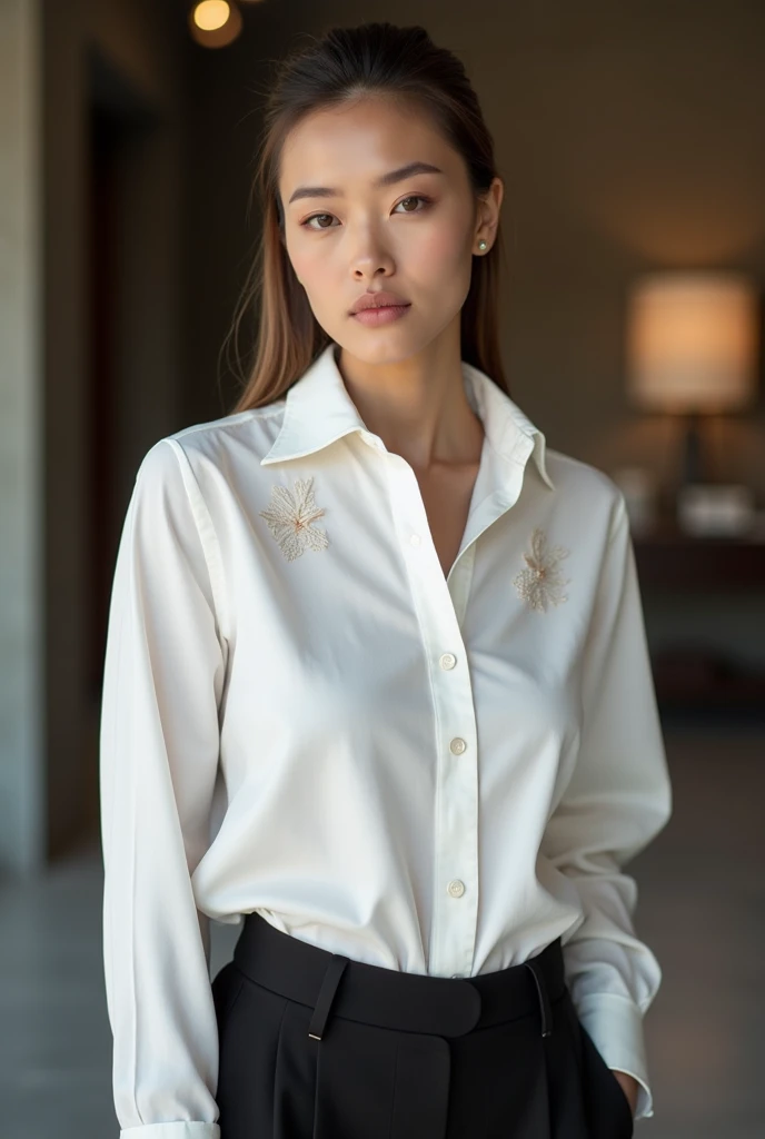 Make me a beautiful 22 year old woman with a face similar to Gigi Hadid, Uzbekistan version, wearing Indonesian state high school clothes