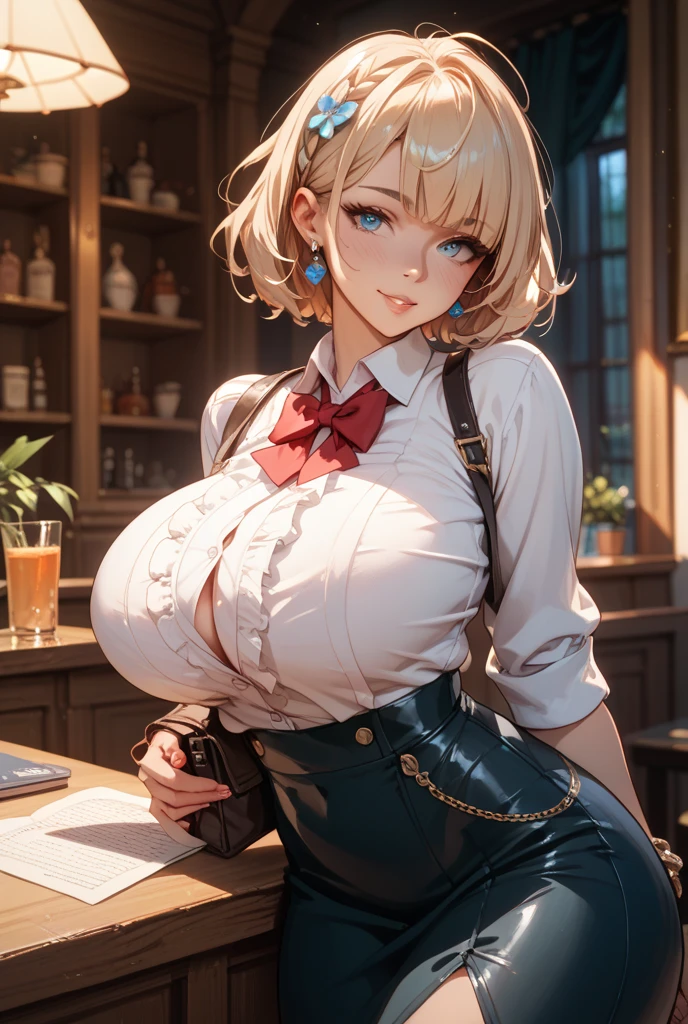 highly resolution, sharp-focus, pixiv's masterpiece, ((with intricate details)), higly detailed, pointy ear, Heterochromia, 独奏, HAIR LOIRO, gloves, smile on face, Green eyes, Blue Eye, Ahoge, looking the viewer, 1girls, short hairs, Red shirt, vests, Long sleeve, Brown gloves, elvish, Dark skinned, full full body, a women,White pants、massive underboob、