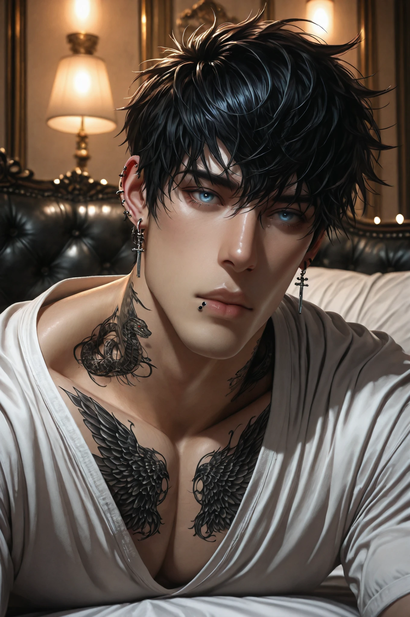 A French boy of 1.98 cm, dark black hair, with electric blue eyes and a cold look, He has tattooed arms and is pale, He is muscular but not excessively, He is 24 years old and comes from a family with a lot of money. 