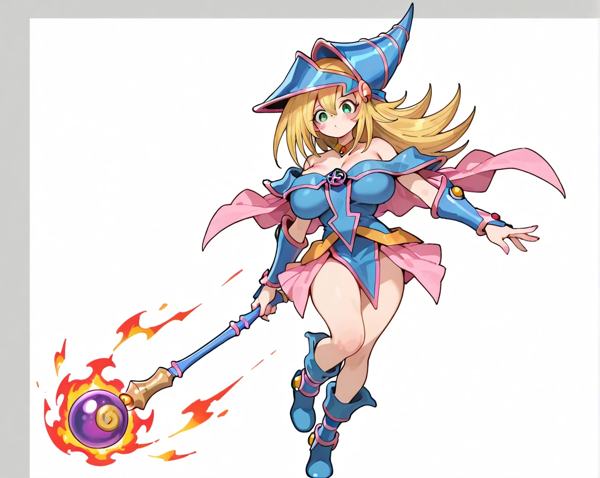 ultra-detailed, extremely detailed, masterpiece, highest quality, best quality, absurdres, highres, dark magician girl, (1girl:1.2), solo, detailed face, dynamic pose, hair flow, chubby body, thick thighs, (full body:1.1), blonde hair, big cheeks, long hair, looking at viewer, green eyes, skindentation, detailed skin, skin pores, (shiny skin, glossy skin:1.1), rosy skin details, breasts, nail polish, skirt, blue footwear, blue headwear, wizard hat, wand, holding hat, (blue panties:0.9), (summoning circle:1.1), hexagram, pentacle, pentagram, yu-gi-oh!, duel monster, purple magic field, glow, detailed background, intricate background
