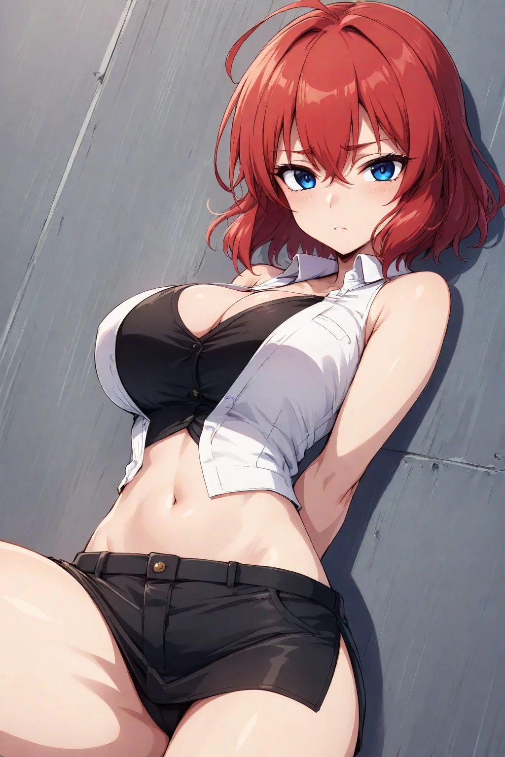 An anime girl with red hair and blue eyes wearing a skirt and an open shirt revealing a black and red bra