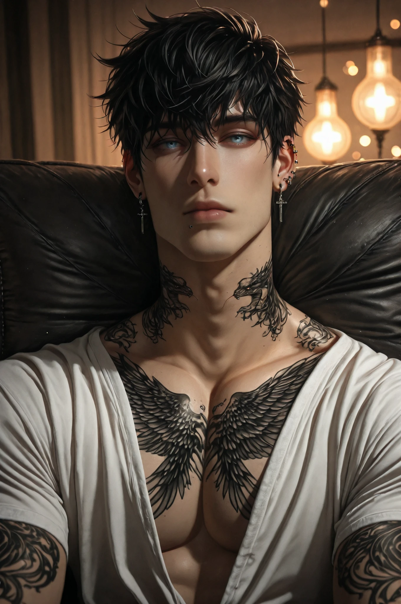Create a dark male character, tall and extremely handsome, with a marked jaw that denotes an aura of confidence. He has several meticulously designed tattoos on both arms and chest., each telling a different story of their travels around the world. His deep, penetrating eyes reflect an intriguing mix of determination and mystery., capturing the attention of everyone around you.