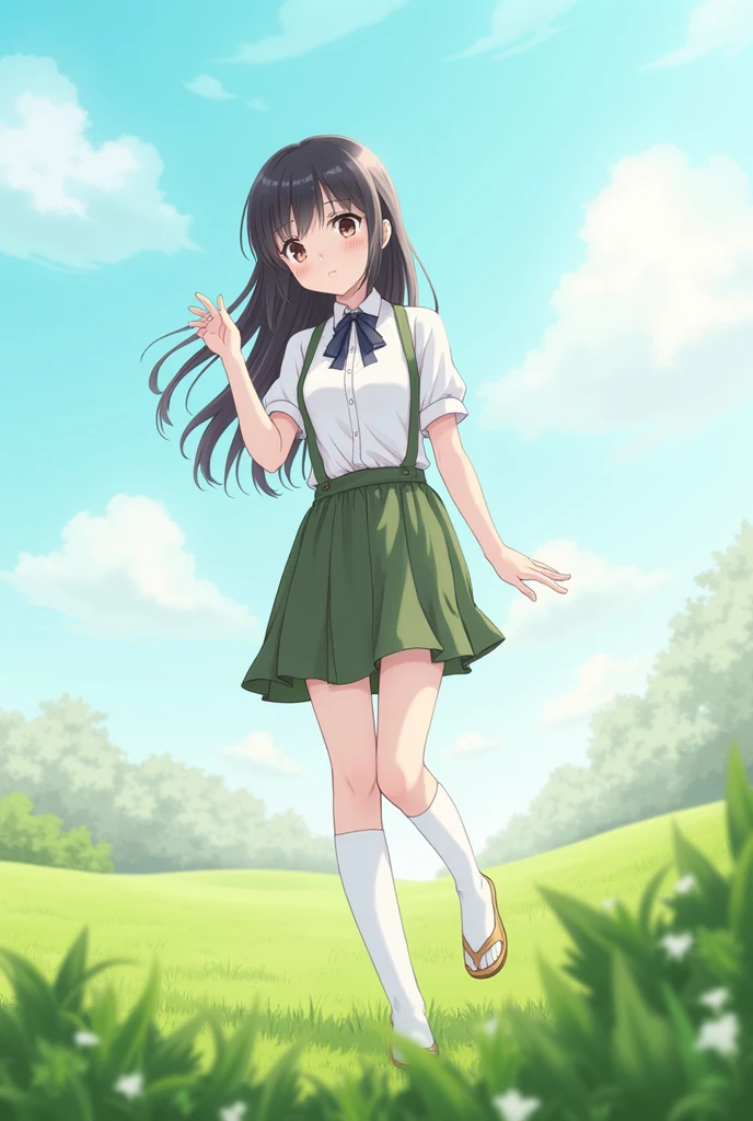 tree, bush, white gloves, gloves, nature, forest, grass, outdoors, foliage, 1girl, park, day, baseball field, skirt, thighhighs, hat, sky, lamppost, plant, white legwear, blue sky, smile, solo, breasts, palm tree, garden, under tree, long hair, short sleeves, pine tree, looking at viewer, against tree, bangs, jungle, shirt, tree shade, fence, pleated skirt, path, baseball cap, cloud, branch, hair bun, road, blush, on grass, white shirt