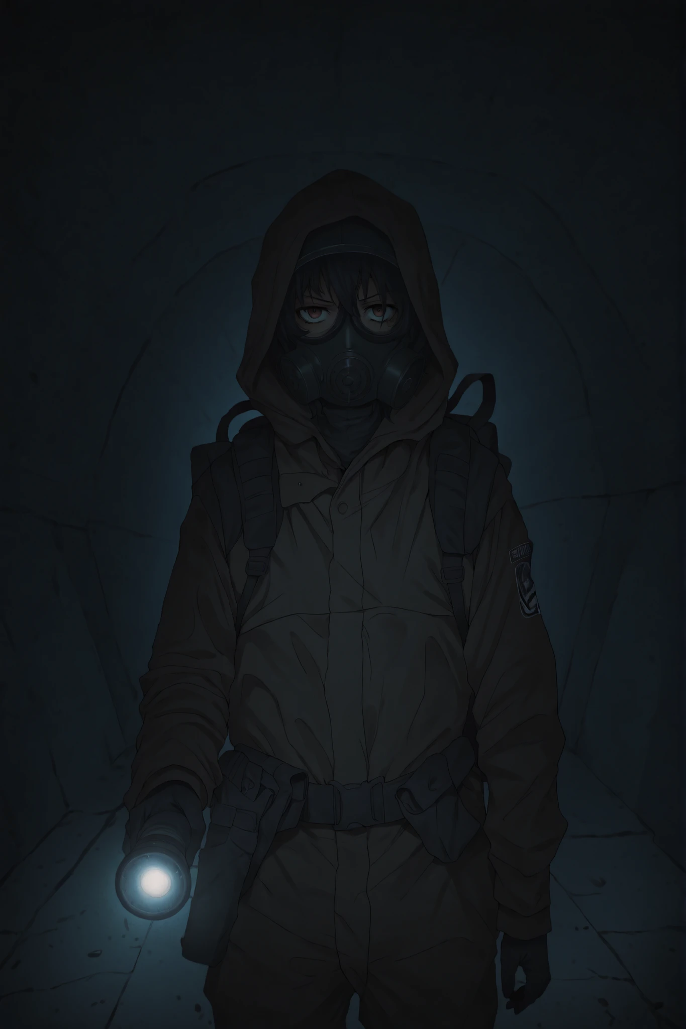 1girl, S10 gasmask, gasmask, (dark), ozk, murky-orange ozk suit, fully covered, brown eyes, black hair, covered head, covered face, military backpack, black backpack, ((frown)), stern look, calm, small iris, hood up, flashlight, gun holster, gun holster on hip, black gloves, focused, concrete, metro tunnel, under the ground, rails, dust, standing, photocamera on neck, looking at viewer, best quality, alone, portrait,