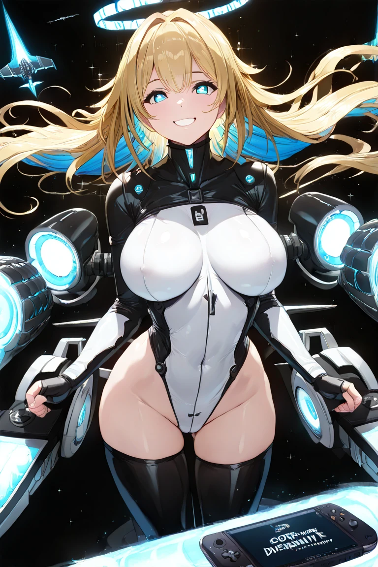 1girll,独奏,light smile,gigantic cleavage breasts,Deva combat suit,mitts,Very long hair,exteriors,
blonde_hair,long whitr hair,hand on her own chest,heart - shaped pupils,light smile,head gear,skin tight,Low Twin Tails,,Pregnant belly
