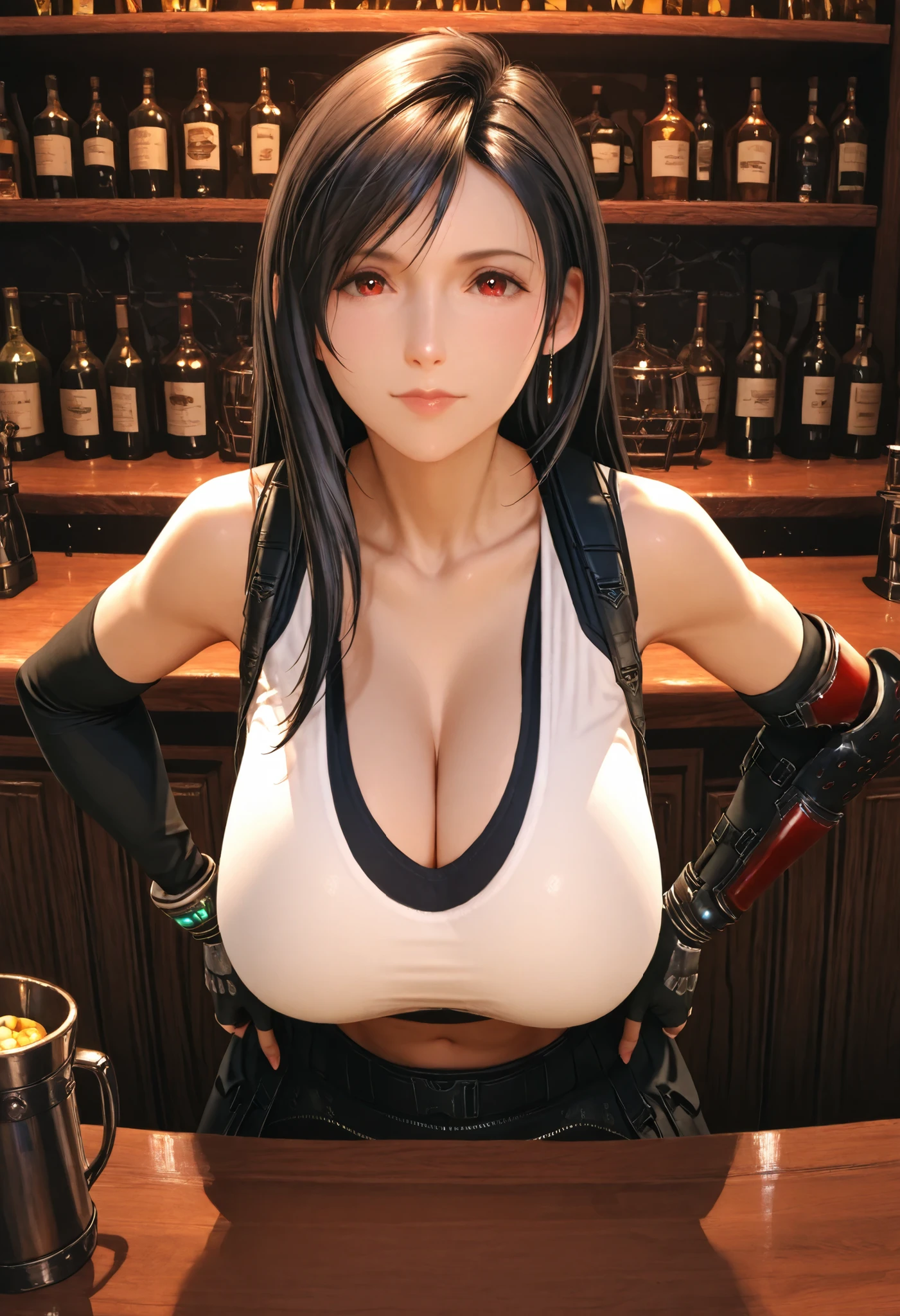 best quality, anatomisch korrekt, detailliertes Bild, high resolution, Tifa Lockhart, allein, Bar, Stands with legs apart at the counter, Looks at the viewer joyfully, geschlossener Mund, hands on hips, Her upper body is slightly tilted forward towards the observer, Vorderansicht, Big Breasts, (F70),