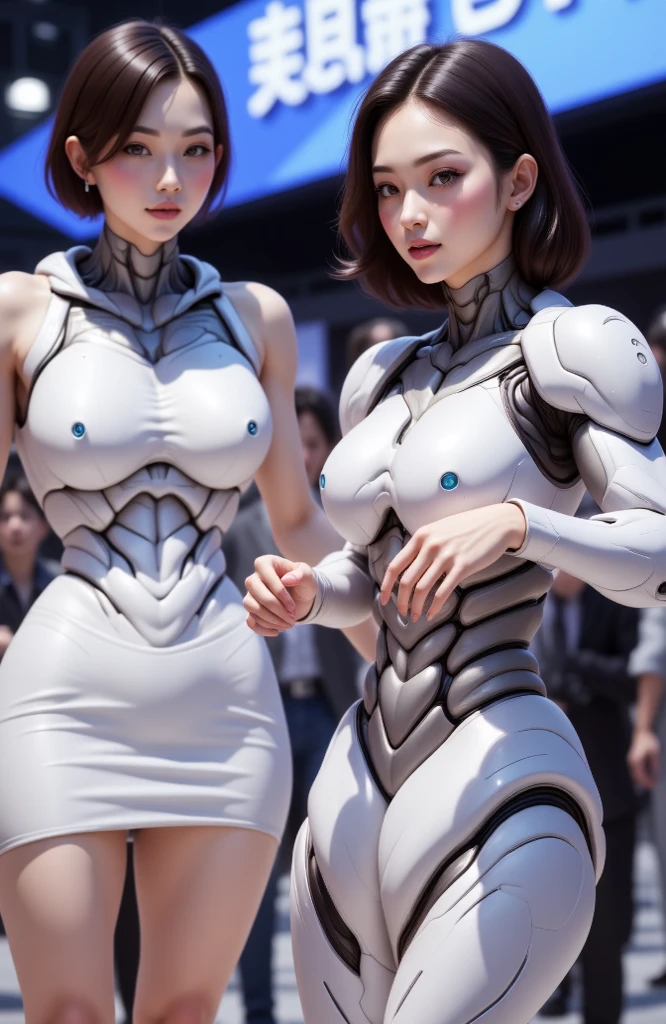 araffes in a silver bodysuit is standing next to a robot, fighting scene, colorgrading, by Lü Ji, without text, white mech bot, animation still, duel, asian female, cinematic mid shot fight, commercial shot, brawl, movement effects, by Kanō Sanraku, screengrab --ar 16:9 --auto --s2