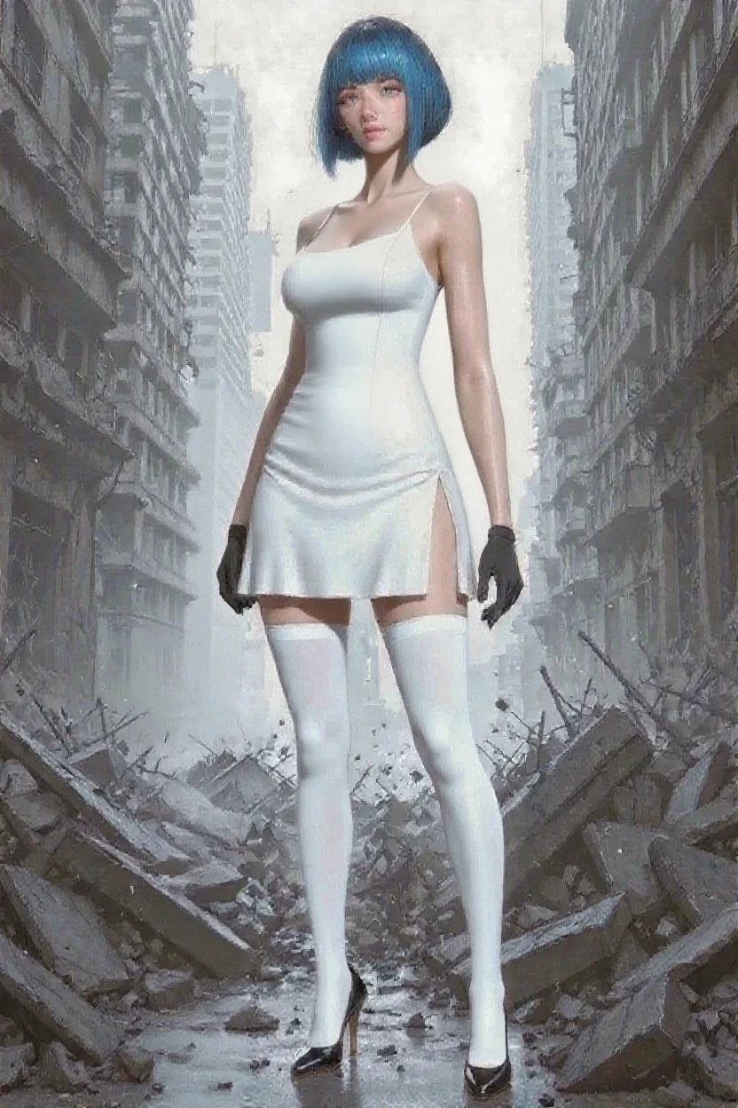 Yael Shelbia (beautiful and bold, seductive and attractive, blue eyes, pointed breasts, short hair, torn socks, white nurse's dress, boot, short glove, thick legs). (deserted road, dirt road, smoke, abandoned cars, newspapers, abandoned objects, bodies lying on the ground, abandoned road, dark night, apocalyptic abandoned city scenery, cinematic effect), (Best quality, masterpiece, depth of field, Full HD, 4K, richness of detail). Portrait style, side view