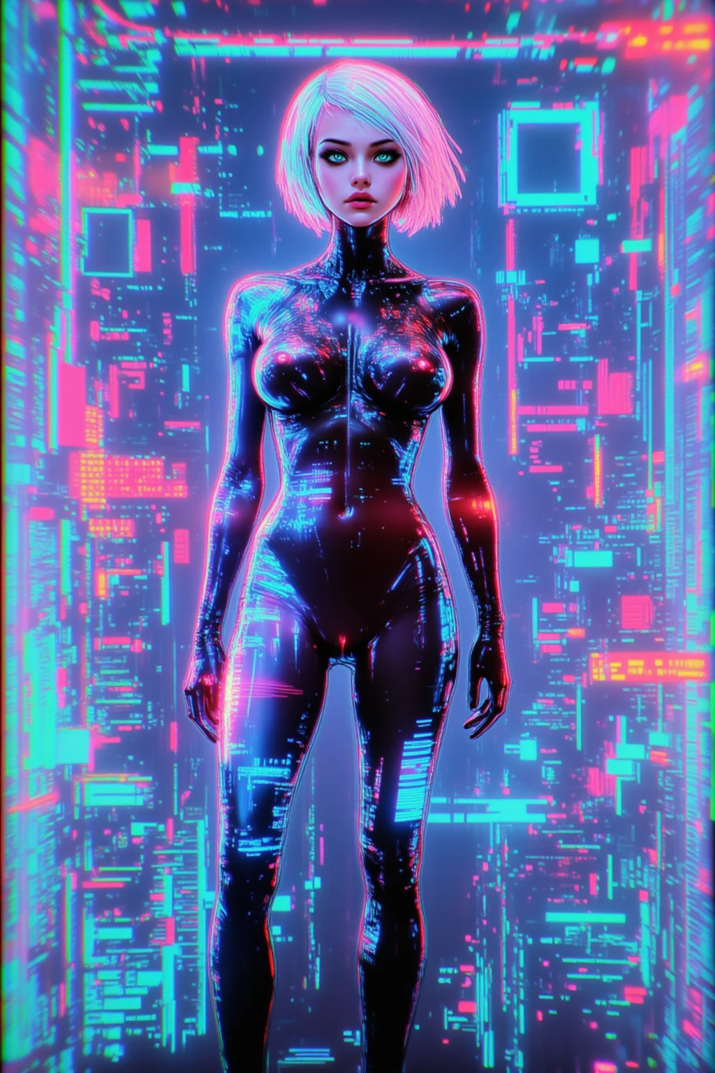 a close up of a person in a hoodie with a neon light, glitchy, hooded figure, glitch art, neon glitch, glitched, alternate album cover, vhs glitch, video glitch, ( ( dithered ) ), ( ( glitch art ) ), unexpected glitch art, analog glitch art, glitch art aesthetic, blurry and glitchy, noisy and glitched --auto --s2
