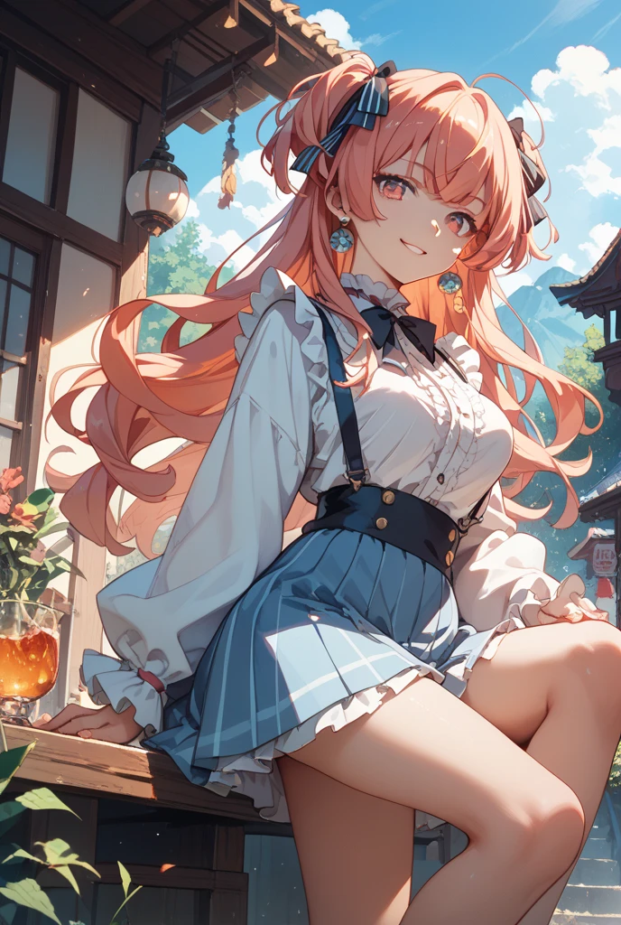 1girl, solo, best quality, sakura miko, white shirt, hat, black thighhighs, garter straps, plaid skirt, pink hair, green eyes, ahoge, low twintail, large breasts, sleeveless, hair ornament, dynamic pose, outdoors, city background, black vest, smile, open mouth, <lora:Sakura_miko_v1.0:0.6>