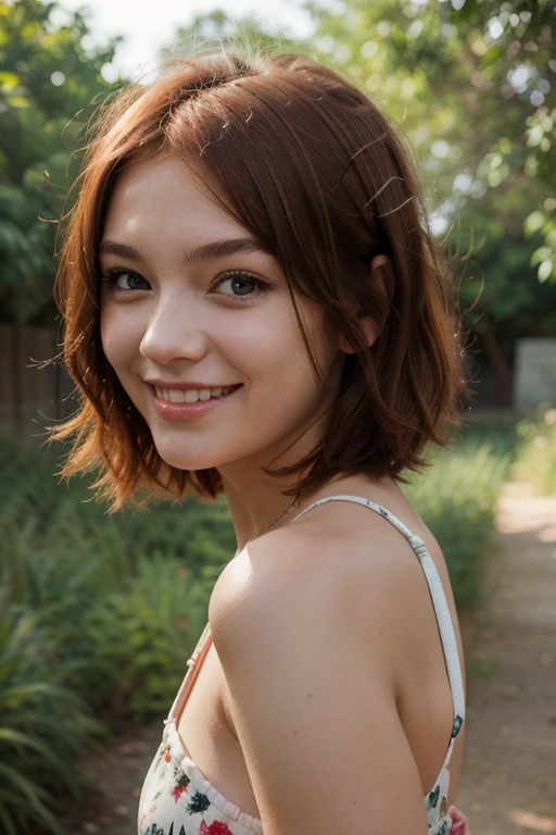 Eighteen-year-old girl, thin white skin, natural face, natural lighting, bust photo, smile, short red hair, angelic youthful face, olive green eyes, high resolution, innocent appearance
