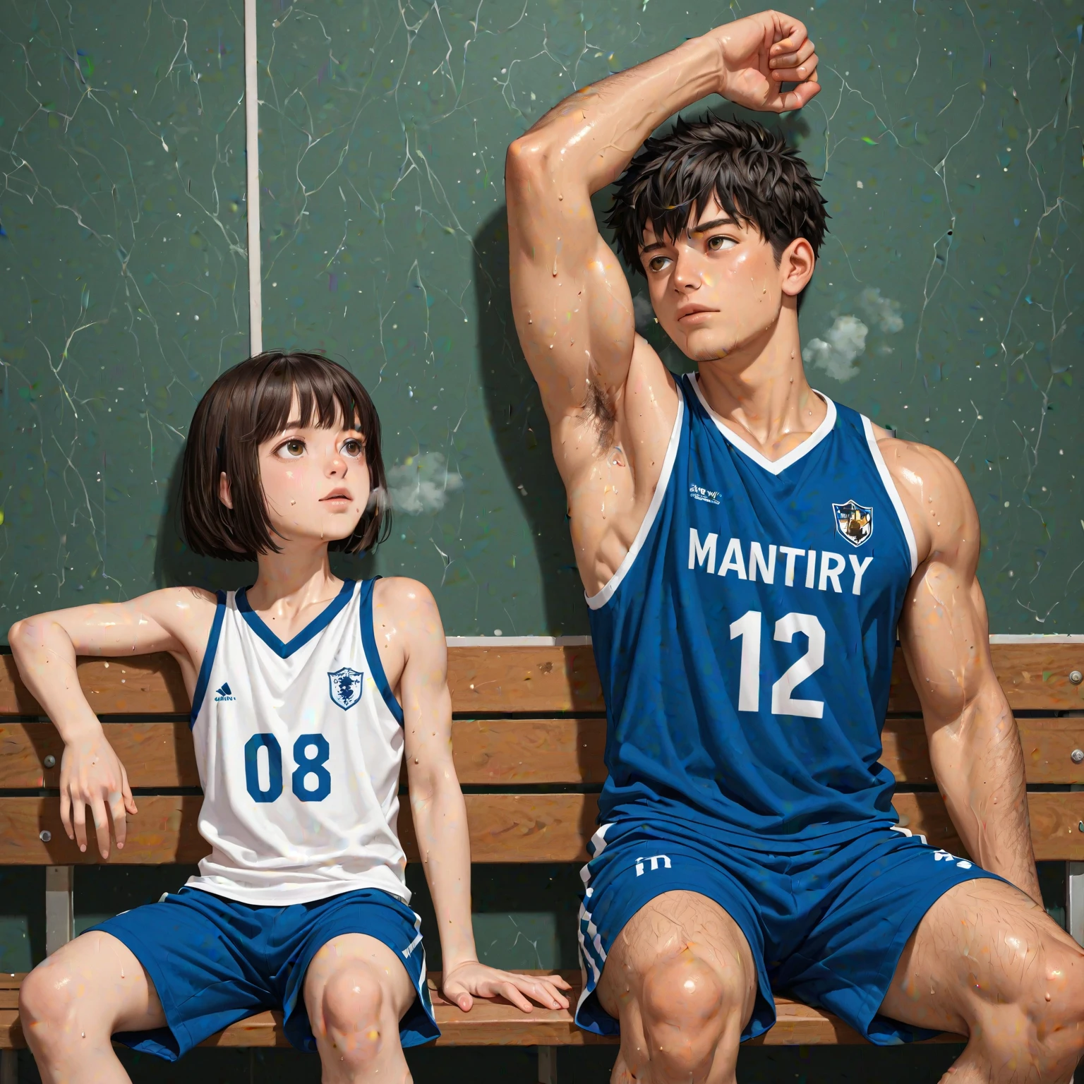 Man with short black hair and beige shorts and black short-sleeved shirt man with a football player's outfit with light brown hair man with a doctor's outfit and short hair light brown woman with fulfilled hair and a t-shirt and with a black pants woman with cropd and a black pants and a child with a white t-shirt a.short e uma mulher com um cropd preto e uma saia