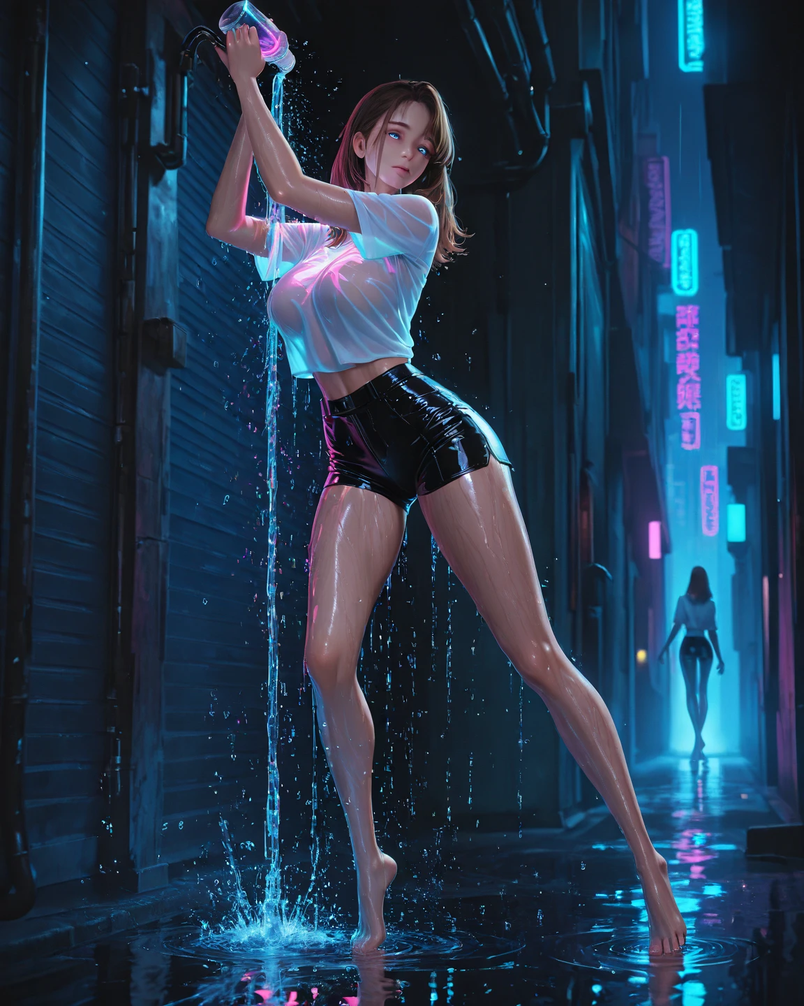 1girl, super beautiful girl, dream girl, wearing a one piece swimsuit, ulzzang, dancing, in the background a party, lightning in the sky, ultra details, ultra realistic, cinematic , octane render, 16k