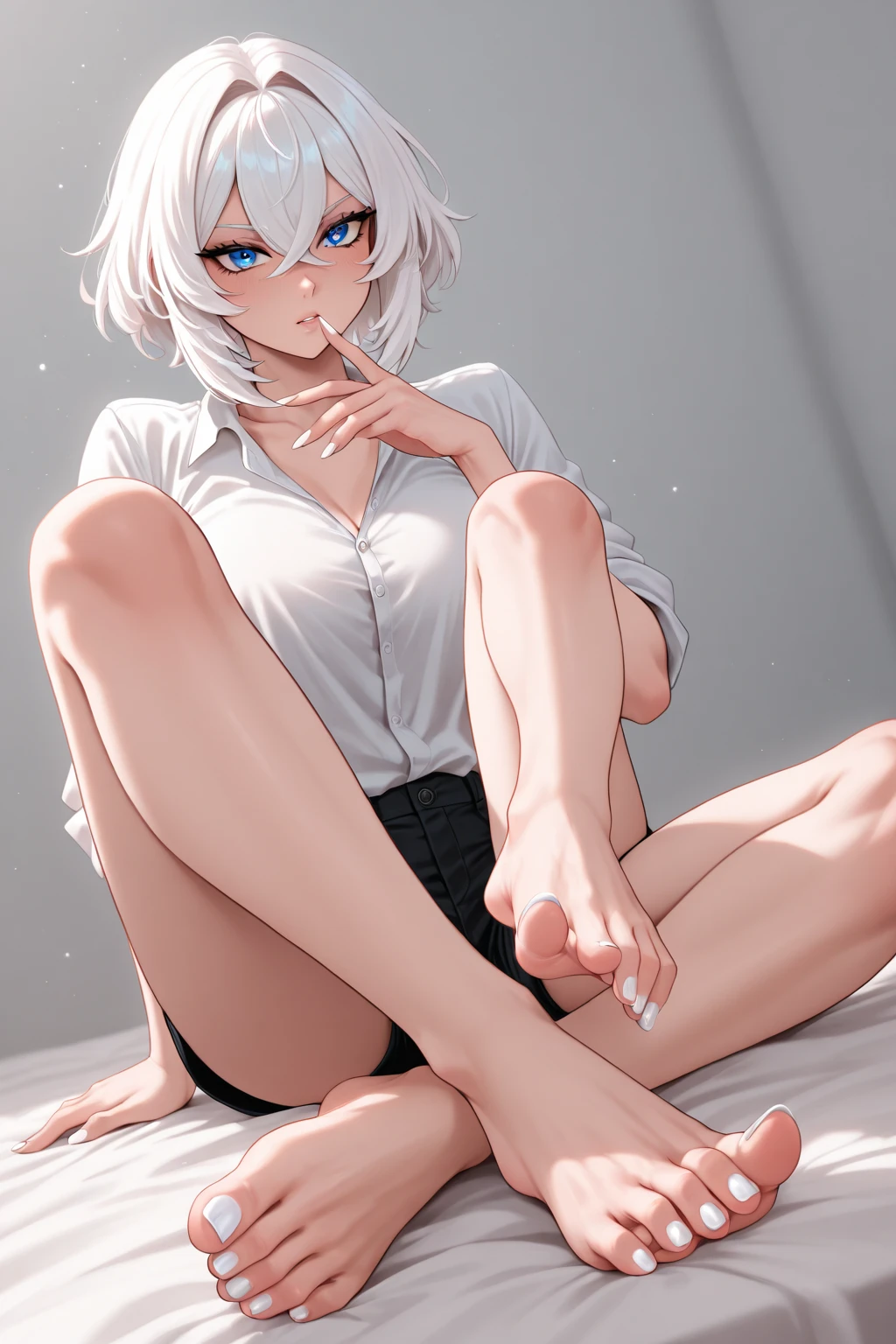 a woman,Spread your legs,sitting,bikini clothes,barefoot,white short hair,Show the whole body,huge