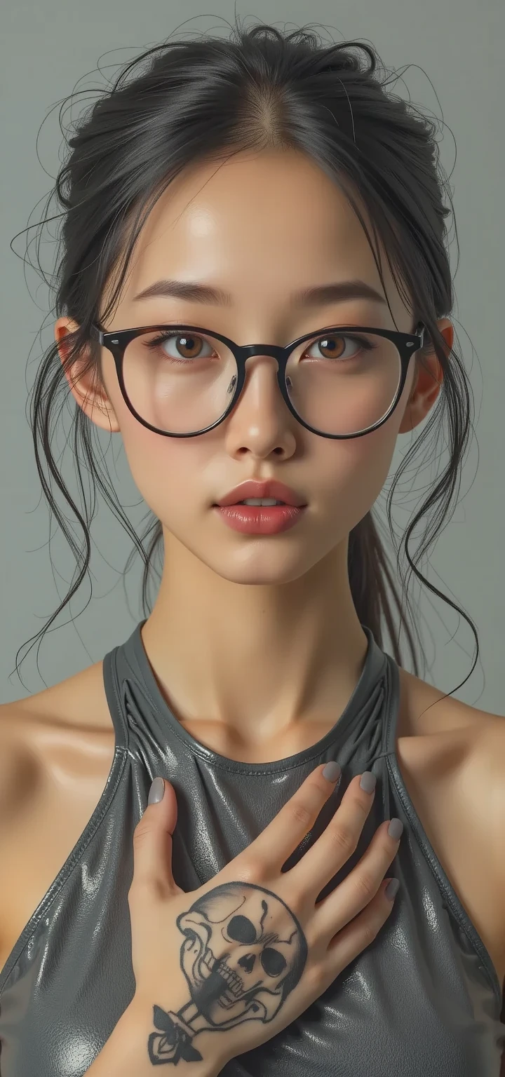 1 person、Close-up of a naked 40-year-old Japanese woman、Facing forward、Photo from pubic hair up、Small breasts、Skinny、Glasses、Hair slicked back in a ponytail、Thin eyebrows、Sweaty、No background。