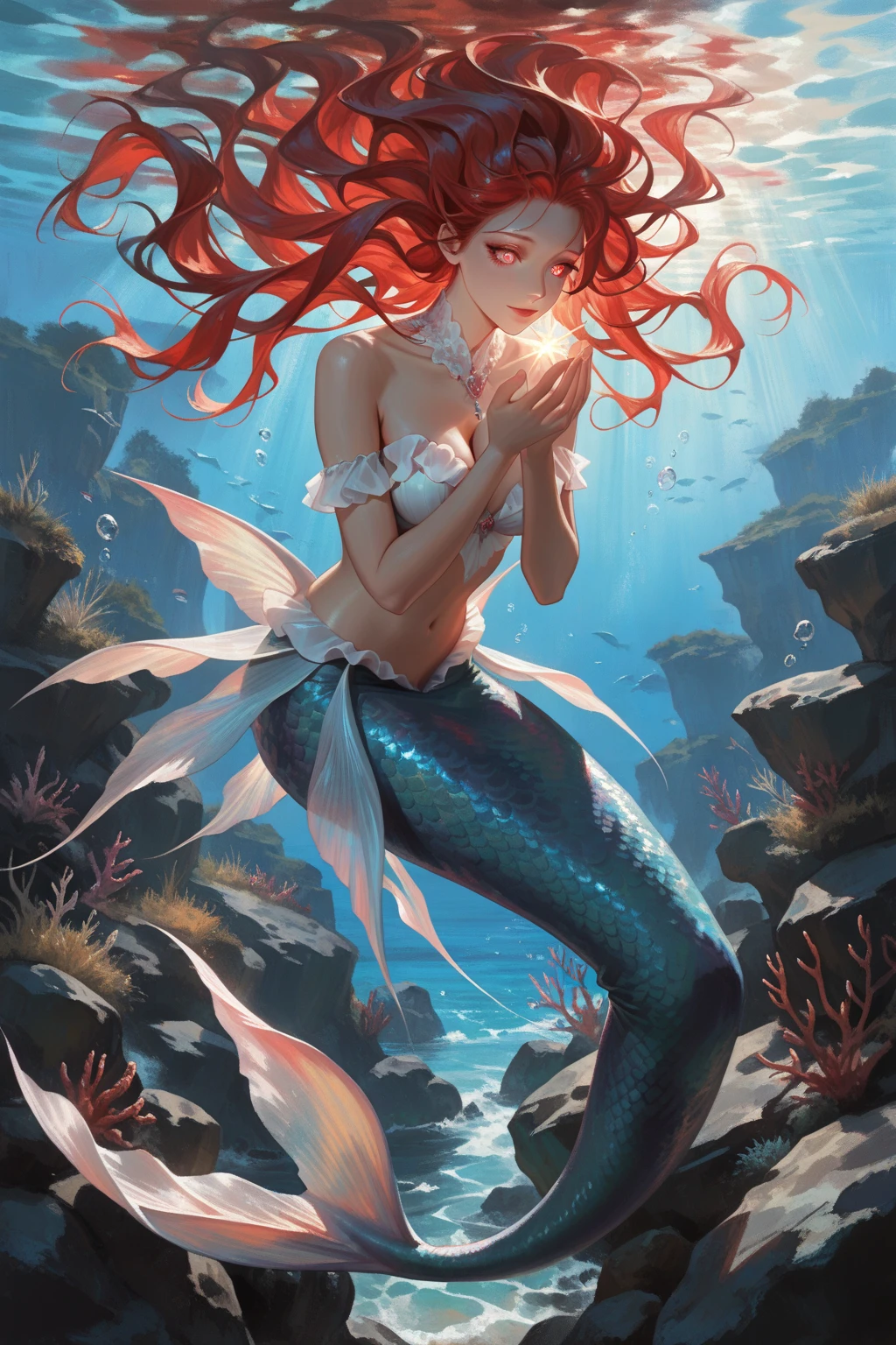 Disney, Ariel, redheaded girl, mermaid, seabed, ocean, mysterious, vibrant colors, cartoon.