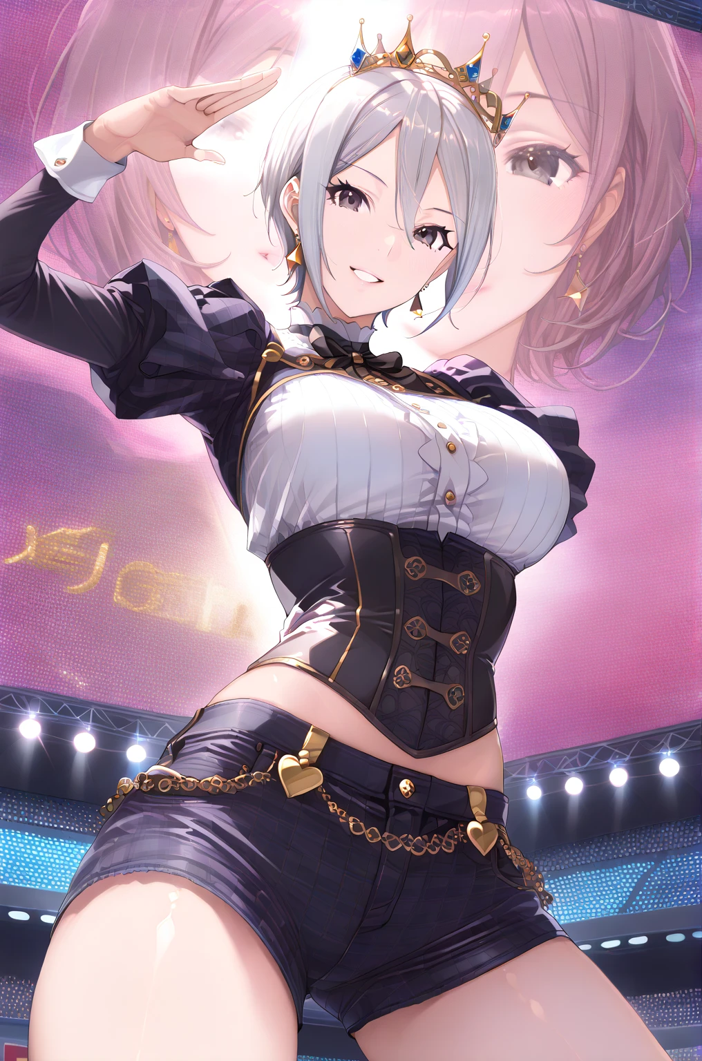 A beautiful and busty idol singing with a microphone