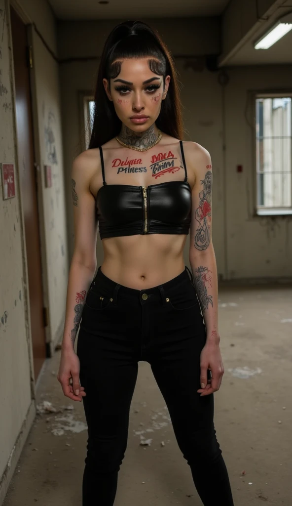 a woman, very thin body, body visible bones, very slender , sweaty weat body, pale white skin, panties, bra,tatto, full body, kneel , in underground prison