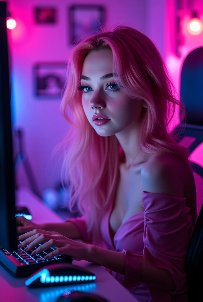 (awaitingtongue-sd-v1-800:1.1), a beautiful Pink Hair gamer girl,beautiful detailed Blue eyes,beautiful detailed lips,extremely detailed eyes and face,longeyelashes,in a red hoodie,leaning into the camera,photo from front above, Huge breasts Overflowing Gigantic cleavage down blouse, awaitingtongue