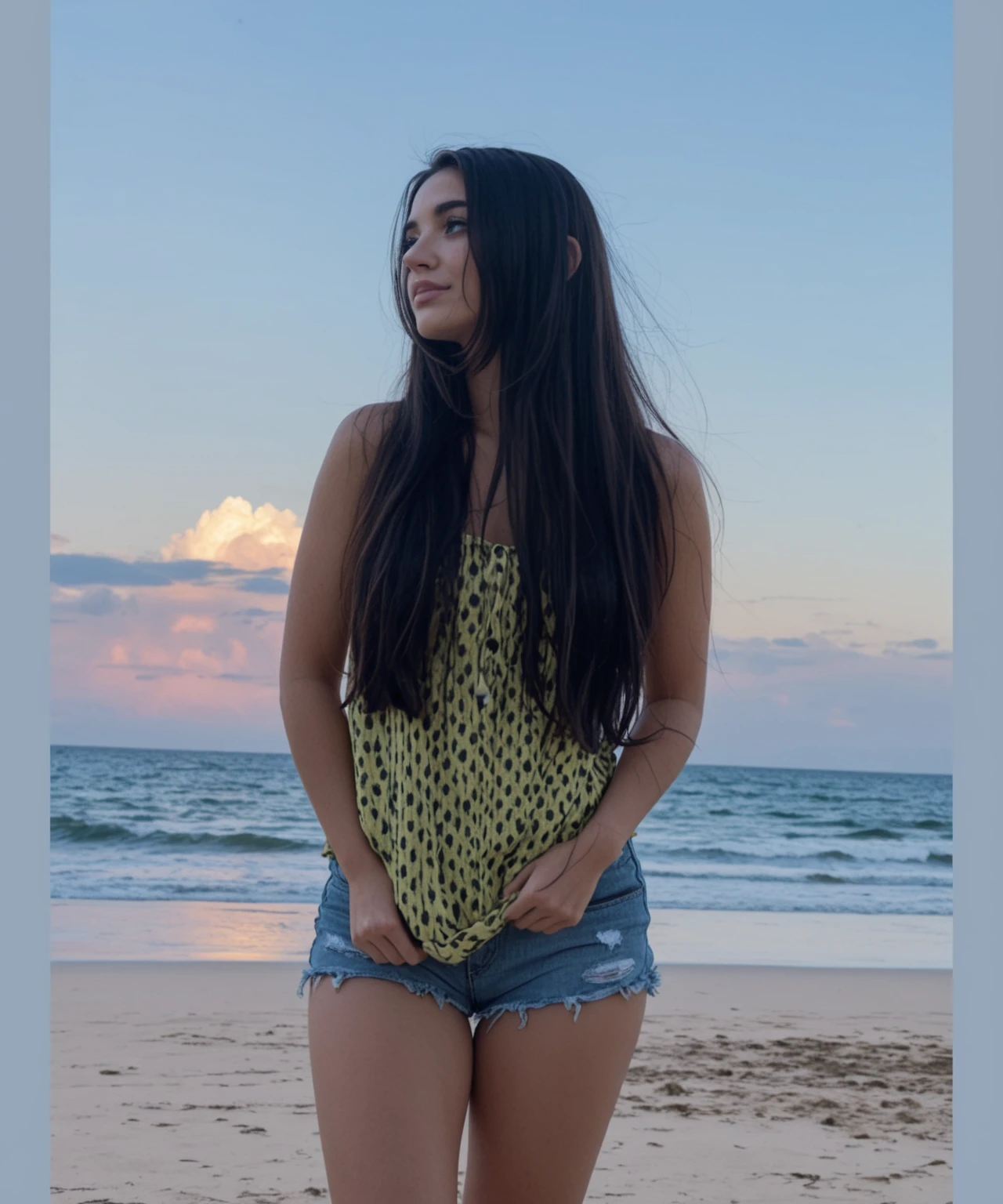 1girl, solo, (uniform), standing, at the beach, beautifully ocean scenery, detailed face, cute angry face, detailed eyes, thick breasts, smooth realistic skin, black tight latex tanktop, black latex hot pants, looking at the audience, low angle shot,(8k, RAW photo, best quality, masterpiece: 1.2), (realistic, realistic: 1.37), ultra-high resolution