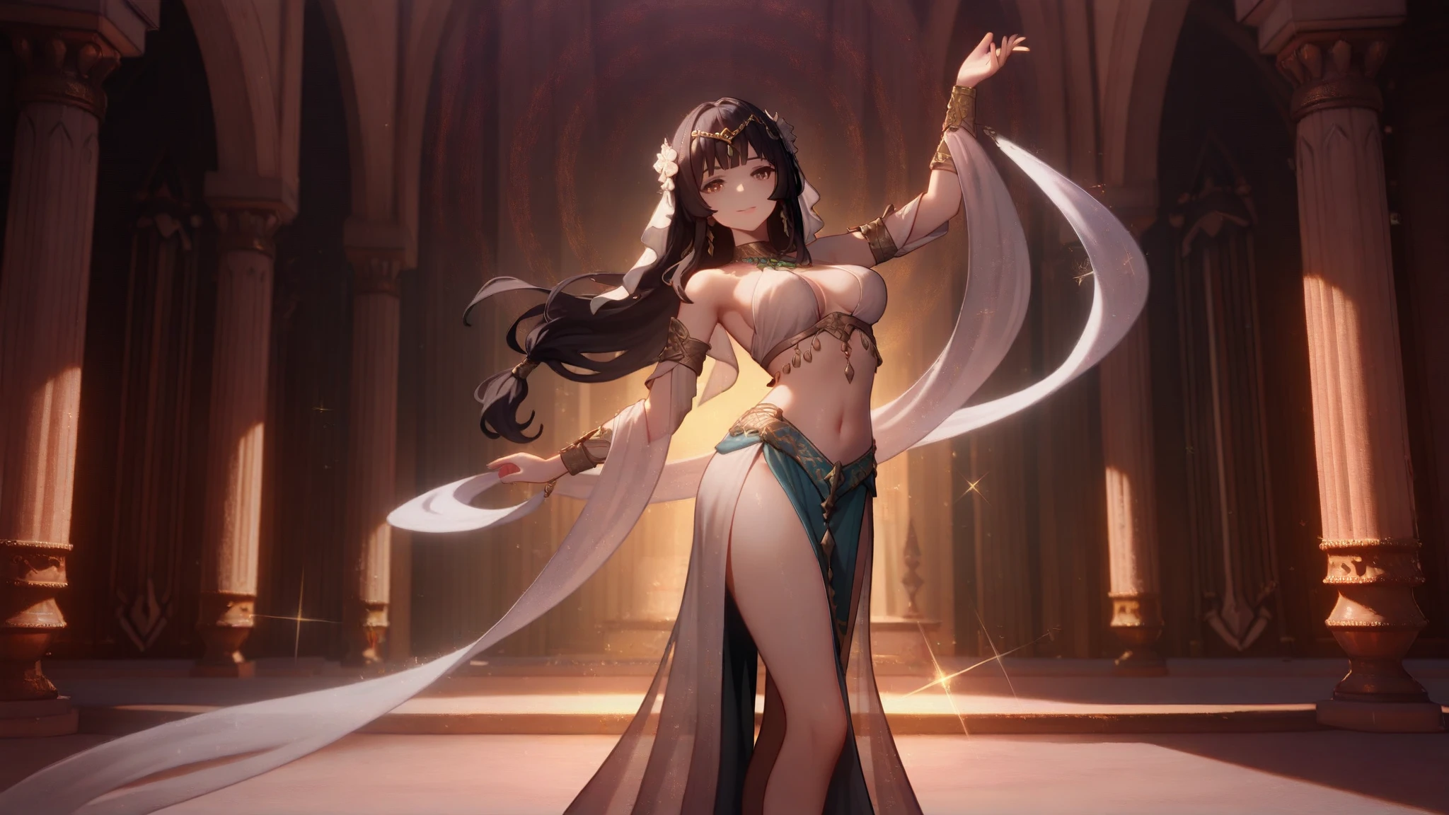 long black hair, purple eyes, fit body, exsotic dancer, desert clothes, adult woman, mature face, seductive, smile, 30 years old, anime, white dress, white belly dancer attire, dancing, athletic body,, wearing veil, full body
