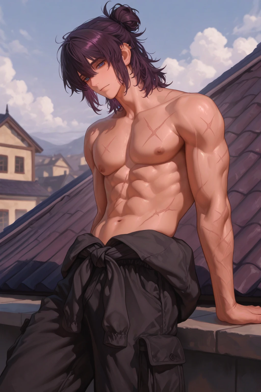 tall man with gray eyes and wavy brown hair, which he puts into a long ponytail, leaving one strand hanging down the left side of the face.[2] He has a hairy chest, arms and legs.[?] He wears a straw hat and pink, ladies&#39; flower embellished kimono, draped over the shoulders directly over the captain&#39;s haori.[2] Although his kimono and embellished belt are cheap, his hairpins with red flowers are very expensive.[3] He doesn&#39;t wear a tabi (socks) under sandals.[?] He has short stubble around his mouth and cheeks.[2] A hundred years before Aizen&#39;s betrayal, Shunsui had a short mustache above his upper lip.. Then he wore another lady&#39;s kimono, although very similar.[4][5]

After the battle with Wandenreich, Shunsui began wearing an eyepatch over his right eye., which was damaged during the battle. The top of his right ear was also cut off, and a scar appeared on his temple.[6]

Shunsui had shorter, unkempt hair as a .. He wore a patterned kimono
