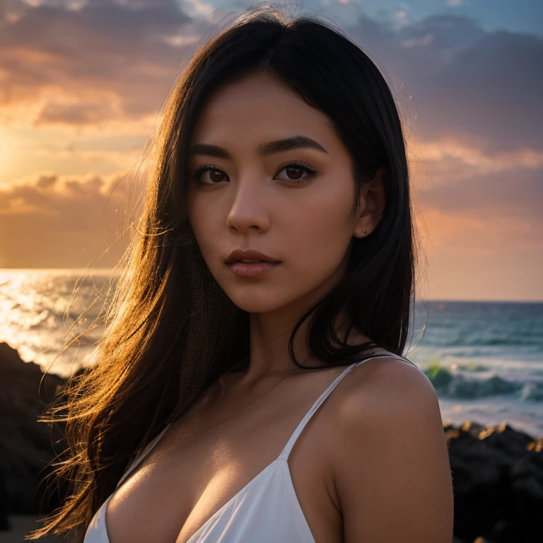 Selfie, photo with gopro camera beautiful girl from Hong Kong, com roupa de banho sexy na praia, Wet, sorrir, Sharp face, soft lighting, lente olho de peixe, Brilho solar,
