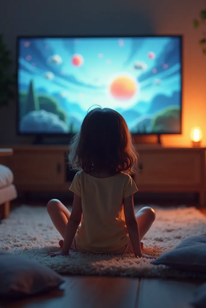 A girl watching TV sitting in land infront of tv