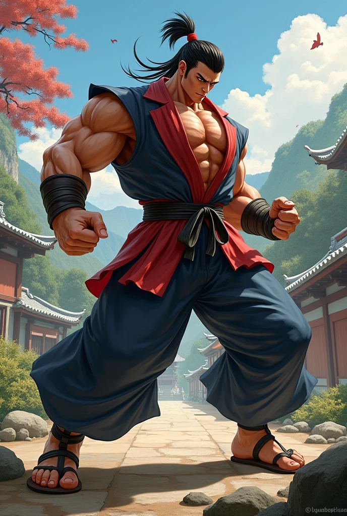 Mighty fighter, chest exposed, lower body unclothed from thighs to feet, flowing long curls, detailed muscular physique, photorealistic depiction, 4K resolution. Background: Martial arts dojo,32k uhd, best quality, masterpiece, super detail, high details