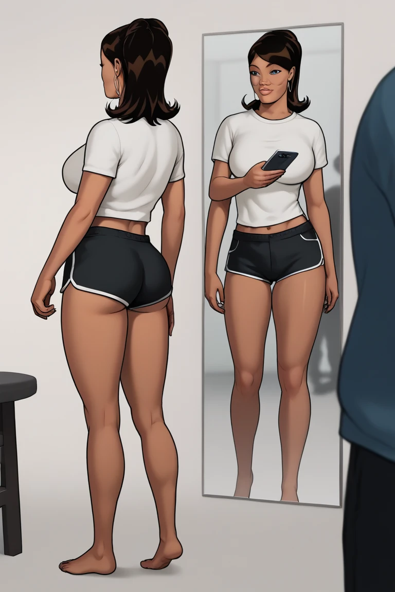 ((masterpiece, best quality)), Curvy Latina in black band logo shirt and pink cotton panties, in apartment overlooking the city, 80's female wrestler, 80's film, 80's movie scene, 80's TV Style, 80's women's underwear commercial,