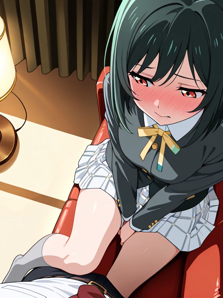 dark blue hair,,long hair,purple eyes,pointy ears,elf,tall,red dress suit,bondage,tied up,bound,tied wrist,tied legs,,arms behinf back,(((blindfold))),blush,wet,sweat,rope,collar,leash,on the bed,eager pet pose
