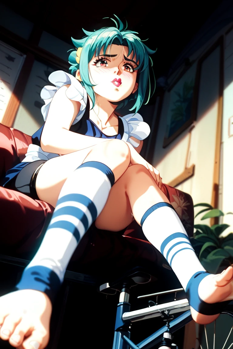 masterpiece, Highest quality, 1 Girl, Lum、 Mature、Sailor suit、Navy Skirt、Black Pantyhose、Sit down、Watching the audience、 Show the soles、 From below, Panties, anime, blush, sexy、 High definition, Green Hair. Japan