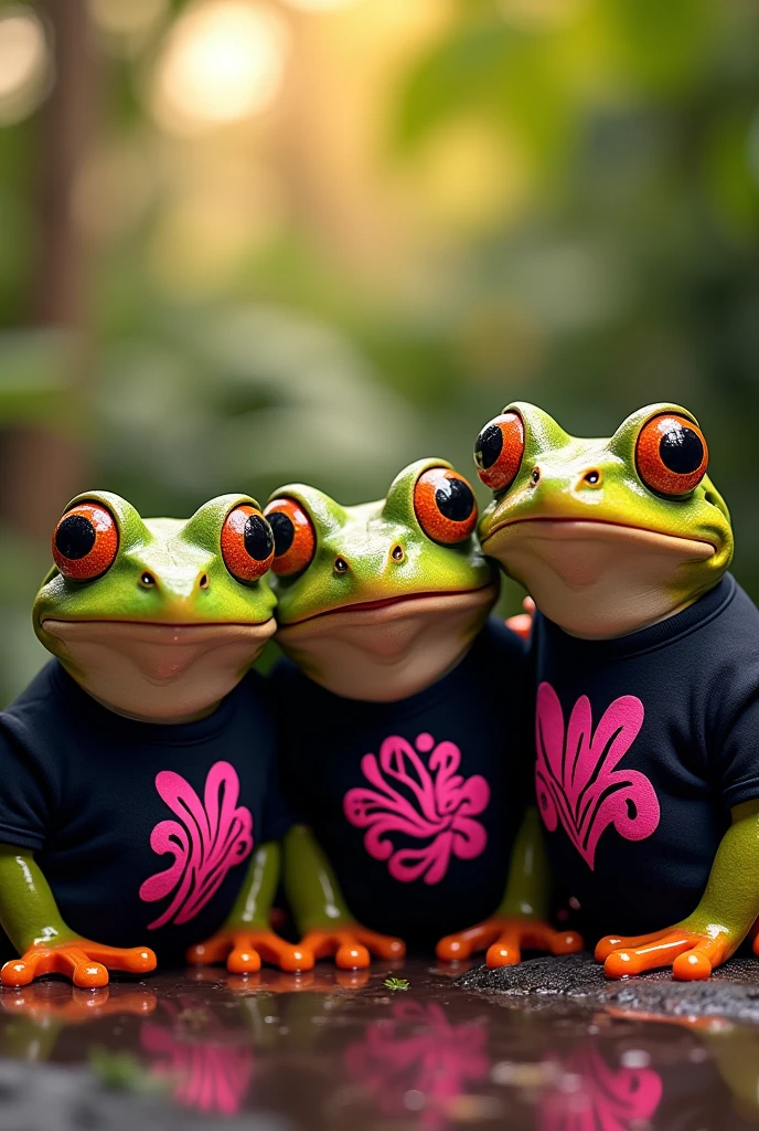A bunch of frogs transform into lovely women (moss breast drapes and skirt, frog hands, light green skin with mottling, over large eyes) during a heavy rain, dancing around glowing mushrooms in a deep dark forest