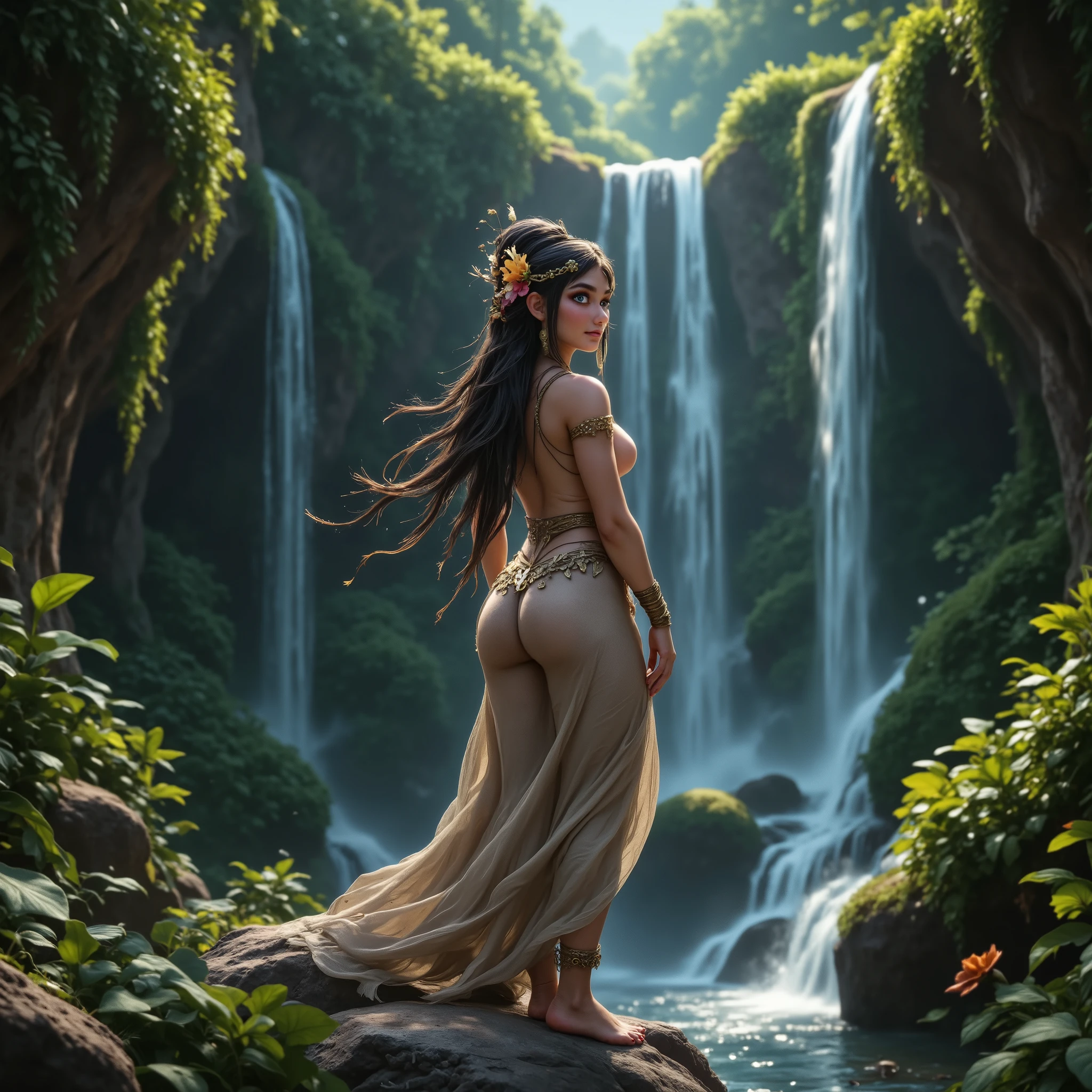 *An ultra-realistic, HDR, 8K cinematic image of the Inca Earth Mother Goddess Pachamama standing on a sacred cliff stone beside a cascading waterfall in the lush Peruvian Amazon. She is ethereal and divine, with a deeply nurturing, otherworldly presence. Her skin is smooth with a soft tanned porcelain glow, radiant under the dappled jungle light. Her long, flowing dark hair moves like a river breeze, crowned with jungle flowers, feathers, and woven gold bands. Her curvy, voluptuous form is sensually elegant, adorned in flowing garments made of natural fibers, vines, and gold ornaments, artistically revealing her sacred feminine curves in a tasteful and mystical manner. Her large, dark blue eyes shine with ancient wisdom and cosmic calm, embodying a motherly allure that feels both deeply rooted and celestial. The scene is vibrant and sacred — surrounded by dense emerald rainforest, mist rising from the waterfall, glowing flora, and subtle spirit lights. She stands as the spirit of the earth — divine, fertile, powerful, and eternally nurturing.* Style: RAW, hyper-realistic, fine intricate detailing, high fantasy mythological tone, soft glowing atmosphere, rich natural textures, divine feminine beauty, spiritual sensuality.