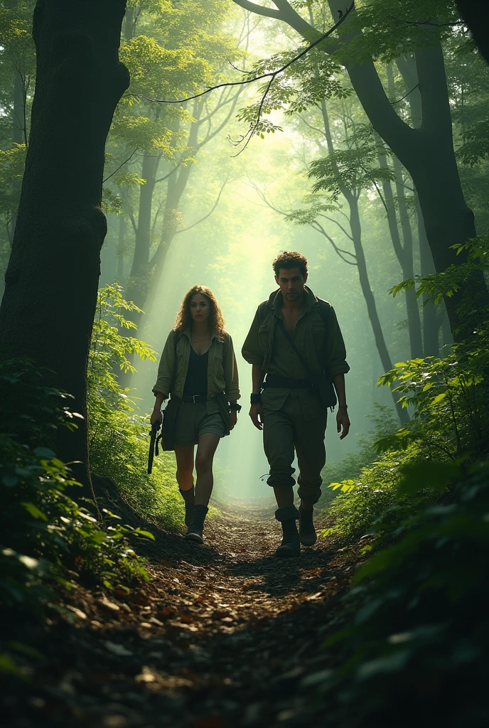 thomas maze runner next to a young redheaded woman in the clearing running away from an executioner