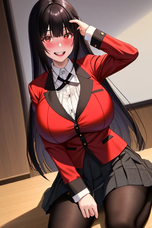 masterpiece, best quality, High resolution, hmjy1, long hair, Bangs, Red Eyes, (((Large Breasts、Breast sagging、Low-cut，(Cleavage )，Wide hips,)))((Long legs)),Hourglass figure))) , Red Jacket, Casual suits, Pantyhose, White shirt, Black Ribbon, Pleated Skirt, Cowboy shooting, classroom, lie, from above, (Name Tags:1.1), Paw pose, open mouth, Sticking out tongue,