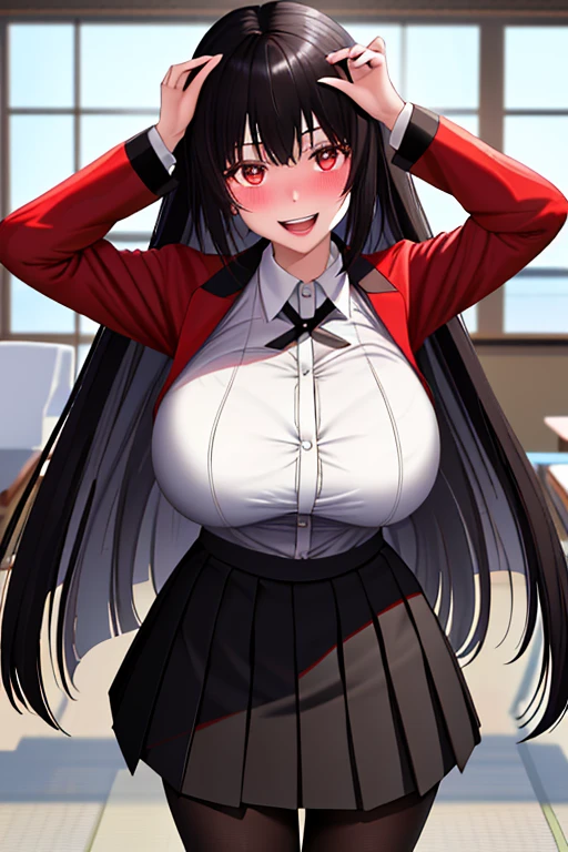 1 mature girl, beautiful face, blue eyes, red cheeks, smile, long straight hair, black hair, long bangs, seky body, colossal tits, overmany, big and droopy, big titietra, wide hips, School uniforms, mini skirt, tight shirt