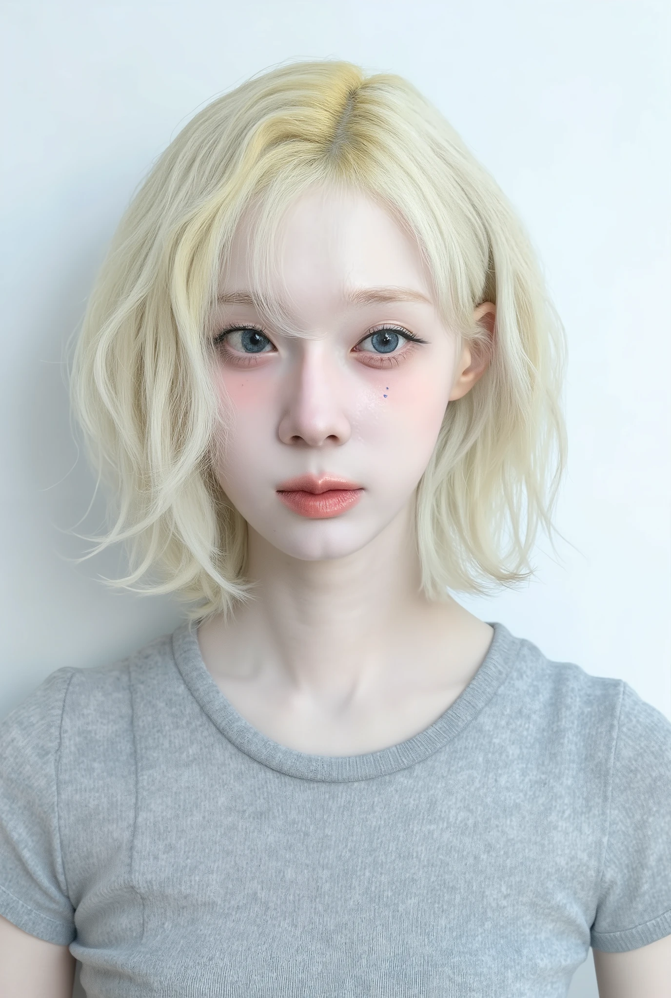 Ultra-detailed medium close-up portrait of an androgynous young albino person with delicate, porcelain-like skin and pale blue, almost translucent eyes. Their hair is pure white, cut to neck-length, with soft, natural curls that gently frame the face. A faint, subtle streak of pastel colors (primarily cyan and mint green) runs through the front strands, adding a touch of ethereal contrast. Their expression is neutral yet contemplative, carrying a quiet sadness or seriousness, as if lost in thought. Facial features are smooth and finely sculpted, with faint freckles and light-toned eyebrows and lashes consistent with albinism. They wear a plain grey T-shirt, minimalistic and fitted, without logos or designs. The setting is minimal — a clean white, softly blurred background with diffused, natural ambient light pouring in, emphasizing clarity and softness. The style is hyper-realistic, cinematic, editorial, and futuristic, evoking high-fashion K-pop-inspired aesthetics blended with subtle sci-fi undertones."
— Style: ultra-realistic, 8K resolution, cinematic lighting, shallow depth of field, fashion editorial photography, minimal background, soft focus