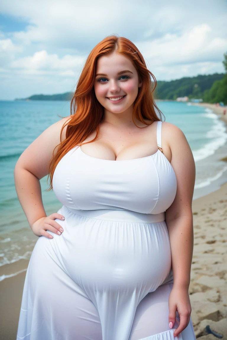 A happy photo of a young beautiful redhead bbw with long wavy ginger hair soft fat belly, wide fat obese hips, thick fat legs and fat arms, cute pretty face, blue eyes, freckles, in a cute tight one-piece swimsuit, sitting in the sand on a towel on a beach