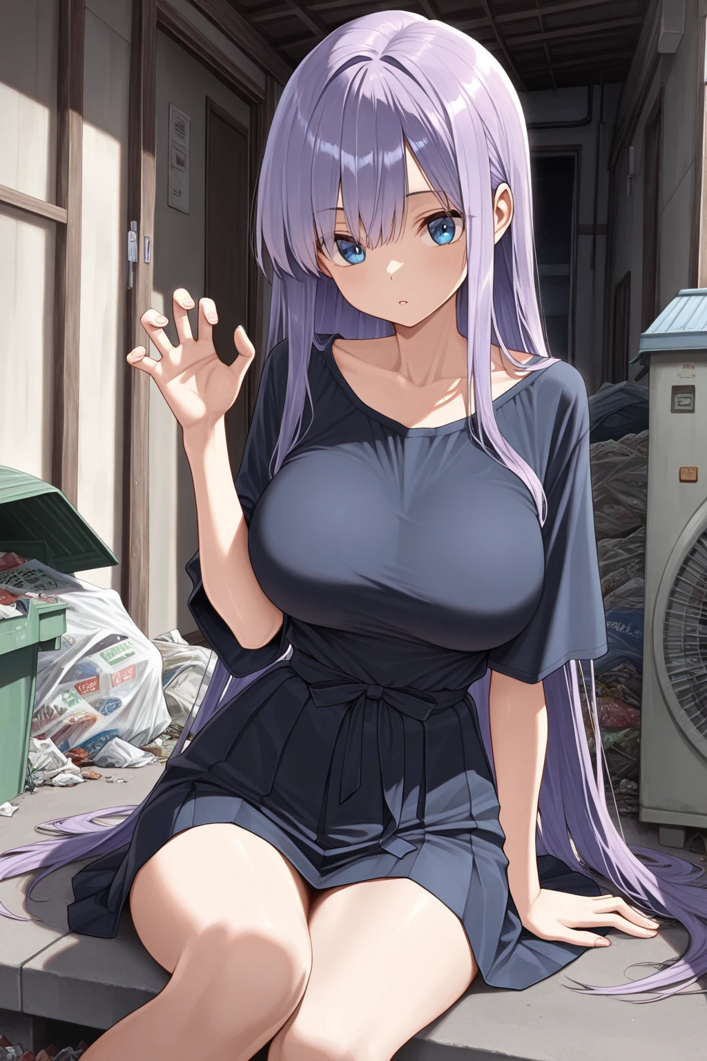 masterpiece, best quality, highres, absurdres, 1girl, crowd, exhibitionism, naked, nipples, revealing clothes,  skindentation, outdoors, sunlight, looking at viewer, blush, pussy, Raiden Shogun form Genshin Impact, purple eyes, long hair, dark blue hair, large breasts, medium breasts, single french braid, water, wet body, dutch angle,