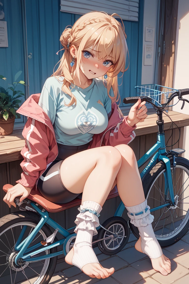 ((A plump and squishy lady:1.3)),((surprise!!:1.3)),(((Women's Lace Panties,((open crotch pantie)),transparent,Erotic lingerie,Big size,Open crotch underwear))),Highest quality、High resolution、Detailed Background、(Beautiful face in every detail:1.4)、"A joyful elementary school girl with a beaming smile, riding a bicycle on a sunny day. She has short, slightly messy hair that bounces as she pedals energetically. She wears a casual outfit, like a t-shirt and shorts, with colorful sneakers. The scene is set on a quiet suburban street with green trees and houses in the background. Her backpack is slightly askew, and her enthusiasm is infectious as she speeds down the street, the wind playfully tousling her hair."