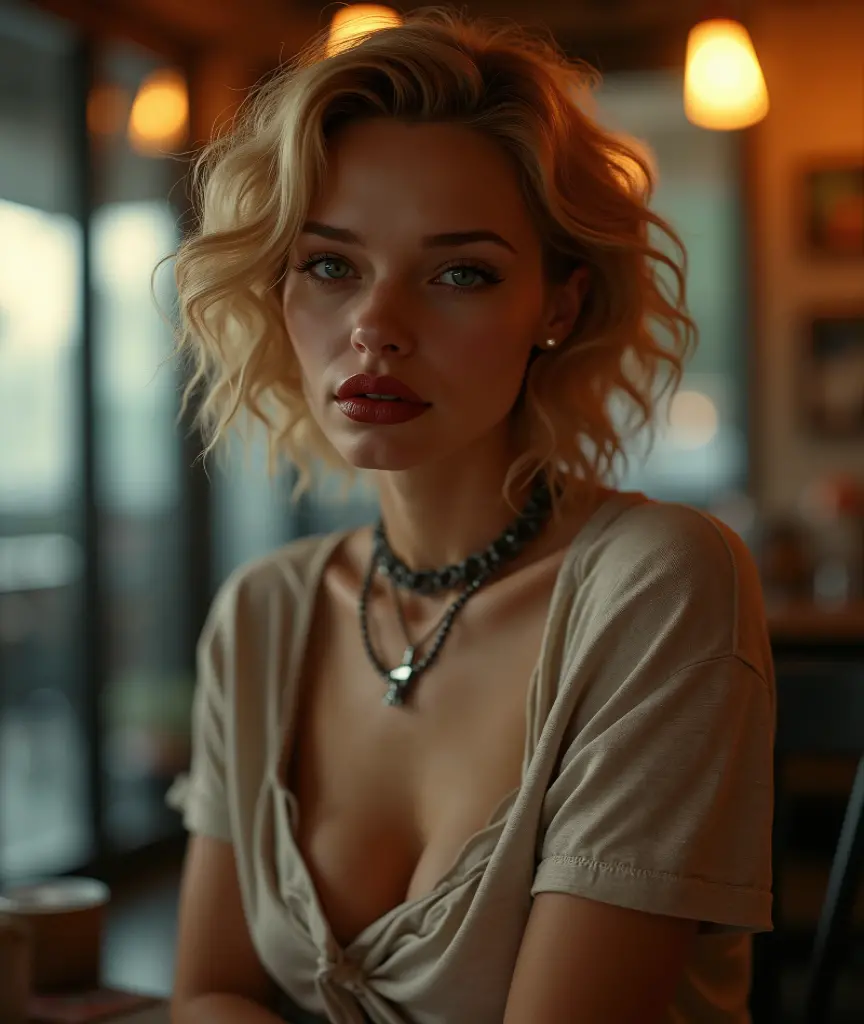 Portrait of beautiful slim swedish 35 years old woman. Beautiful blonde woman. (Two Hands over the table). Tanned skin. short blond wavy hair. Looking seductively at camera. Leaning forward. Juicy lips, (arms crossed over the table). Bohemian printed Open blouse. (Daring Deep Cleavage). (Small round plumb breast a-cup). breasts hanging over the table. cold ambient. low light