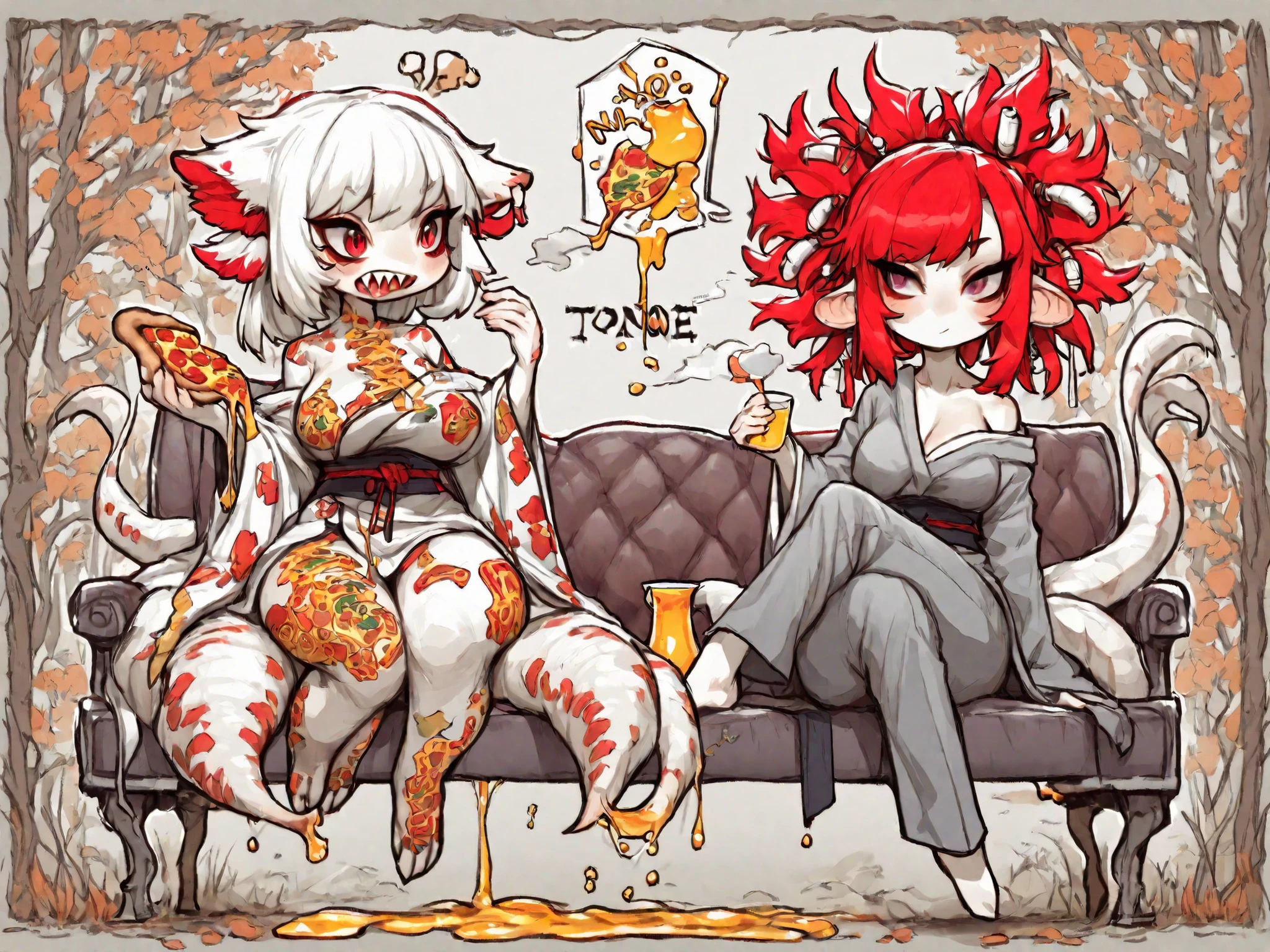 two girls sitting on a sofa While the girl on the left eats a slice of pizza and the girl on the right eats honey, the girl on the left is a demi-human kitsuné with nine tails with white hair, crimson eyes, Quite tall , with White kitsuné tails with white kitsuné ears on their heads, with a voluptuous and curvaceous body, quite attractive, tez blanca, wearing a Japanese-style kimono with drawings of sakura trees; while the girl on the right is a demi-human T-rex, with fiery red hair, maroon eyes, curvy body, with a human body but with a Tyrannosaurus rex tail, with sharp teeth, with white complexion , with a gray top, loose gray pants