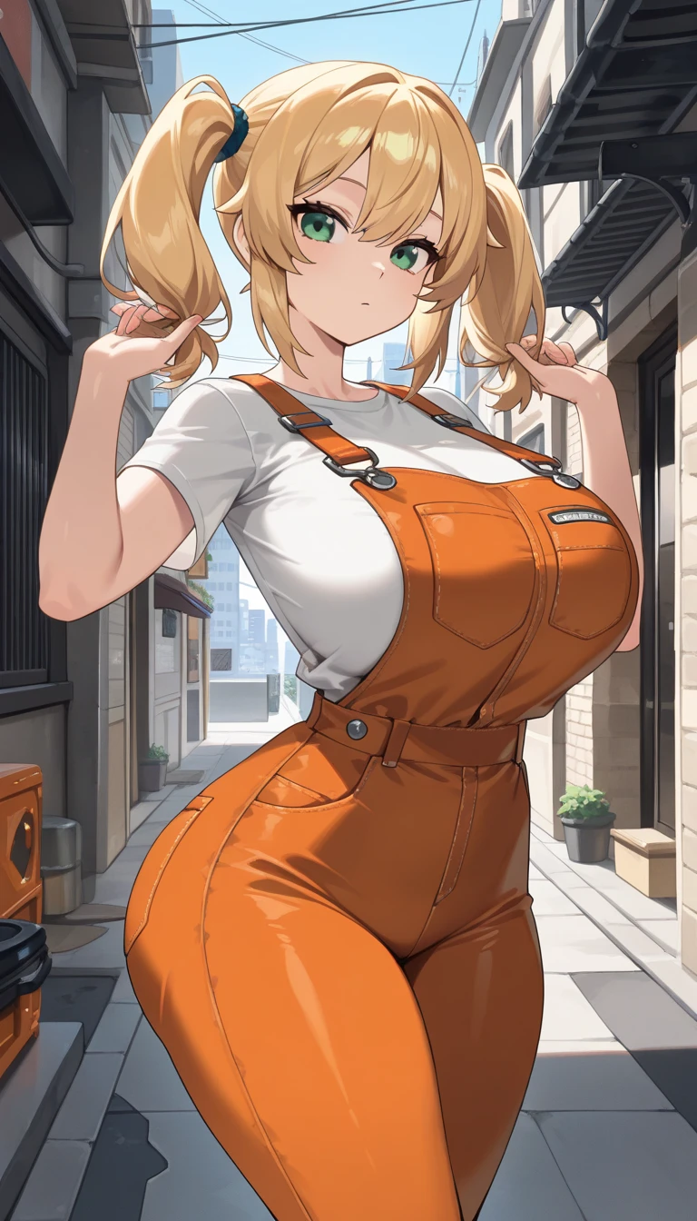 Female mechanic at work, grimy overalls, greasy, holding a wrench, bent over, open overalls, curvy, cute smile, masterpiece, vivid, photorealistic, bare skin, renatadaninsky