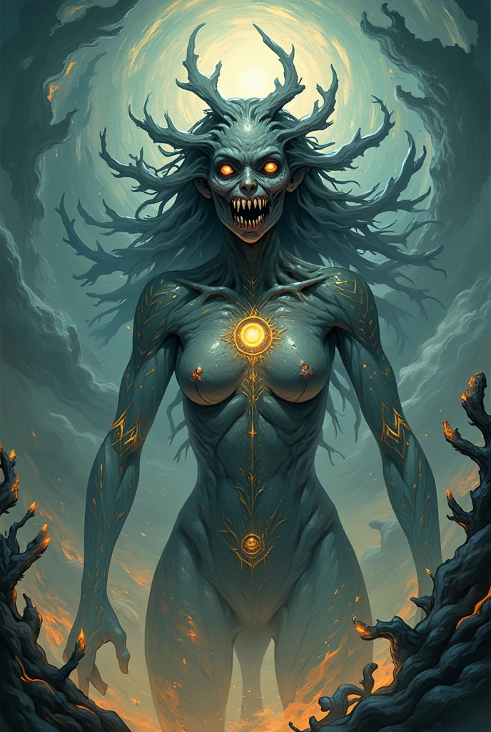 a grotesque creature creates the universe, matter, Space & Time