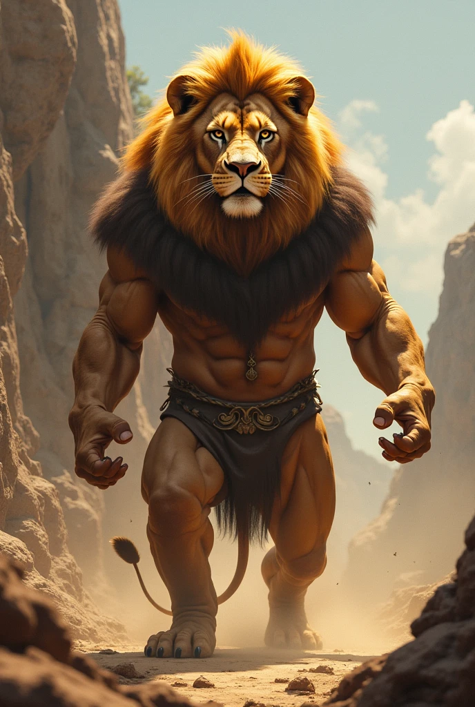 Masterpiece,ultra detailed, a lion headed man with muscular body, warrior, wearing dhoti