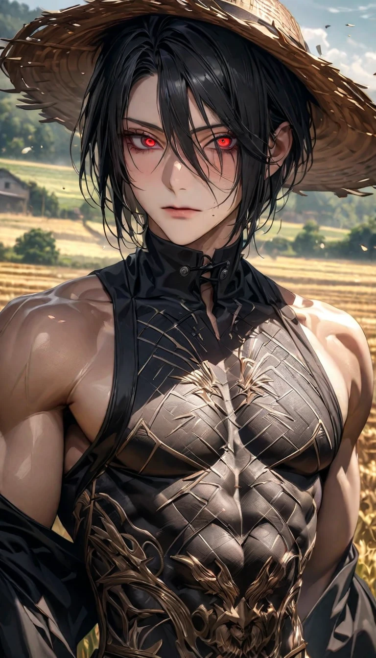 (absurdres, highres, ultra detailed), 1 male, (28 years old male) (short pointed ears) adult, handsome, tall slender guy, narrow eyes, narrow shoulders, finely detailed eyes and detailed face, messy shaggy black hair, shaggy hair, side bangs, bangs, green eyes, sexy twink, shirtless, bare chest, final fantasy 14, slave collar, full body shot, defiant pose expression, cinematic, forest bokeh, background blur