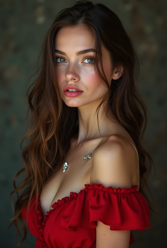 A tall YOUNG AND BEAUTIFUL woman in a red long dress, she has tan skin a waist brown, slightly wavy hair with green and blue eyes. She has a small scare above her eyebrow.